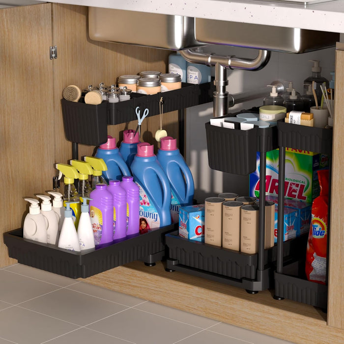 2 Pack Multi-Purpose Under Sink Organizers and Storage, 2025 Pull Out Cabinet Organizer for Bathroom & Kitchen, Under Cabinet Organizer with Hooks Hanging Cup, Black