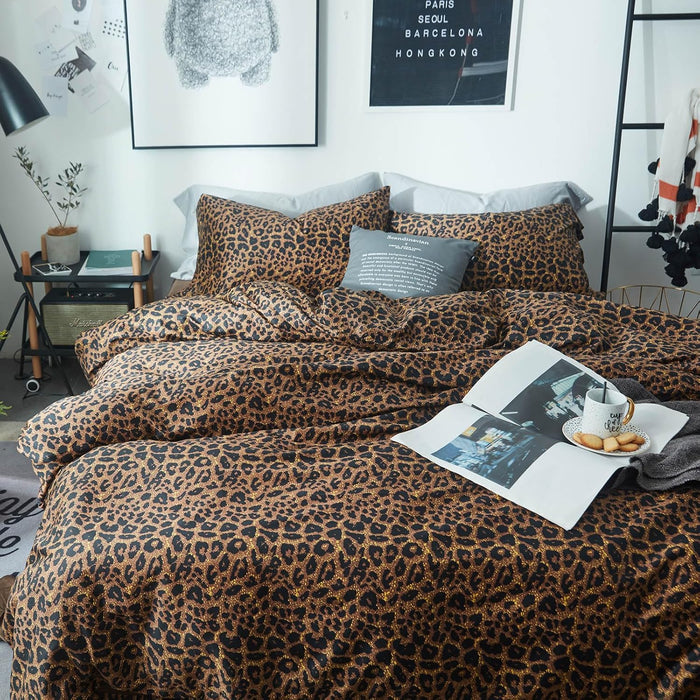 mixinni Leopard Print Queen Size Comforter Set-3 Pieces Animal Cheetah Printed Comforter Sexy Soft Fluffy Brown/Black Floral Print Bedding Set with 2 Pillowcases for All Season-Queen Size