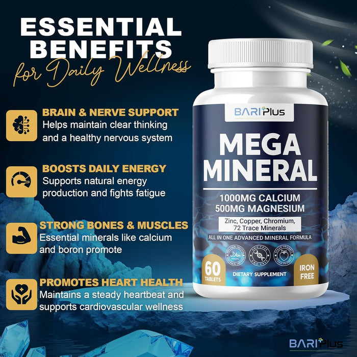Mega Mineral – Complete Complex with Vitamin D, Calcium, Magnesium, Zinc, Potassium, Boron, Selenium, Chromium & 72 Trace Minerals – Iron-Free – USA Made – 60 Tablets