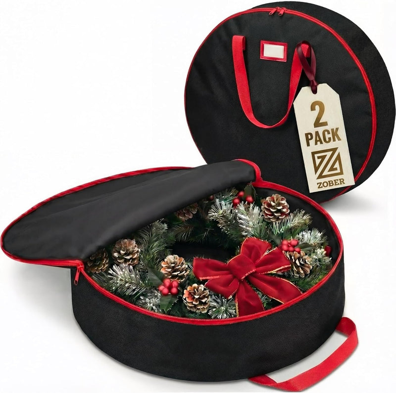 ZOBER 2 Pack Oxford Christmas Wreath Storage Container 30 Inch - Wreath Bag for Artificial Wreaths Box - Waterproof Fabric, Dual Zippered Wreaths Storage Bag With Strong Durable Handles - Red