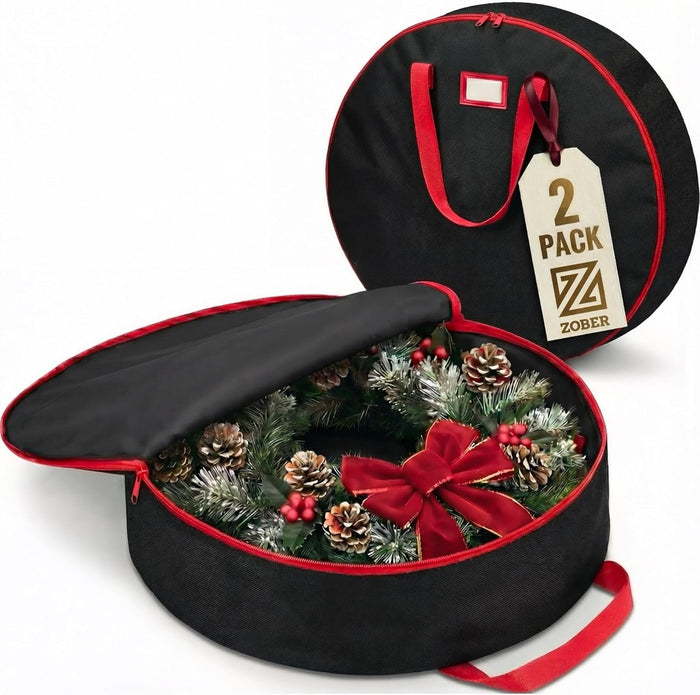 ZOBER 2 Pack Oxford Christmas Wreath Storage Container 30 Inch - Wreath Bag for Artificial Wreaths Box - Waterproof Fabric, Dual Zippered Wreaths Storage Bag With Strong Durable Handles - Red