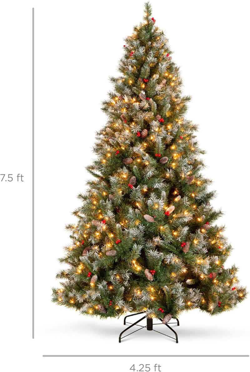 Best Choice Products Christmas Tree Pre-Lit, Pre-Decorated Artificial 7.5ft Frosted Pine Holiday Decoration w/Frosted Tips, Pine Cones, Berries