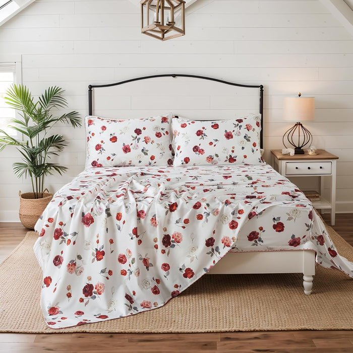 FADFAY Shabby Floral Bedding Elegant Peony Sheets Set Luxury Bedding Collections 100% Egyptian Cotton Deep Pocket, 4 Piece-King Size