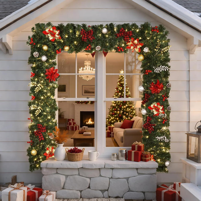 9FT Christmas Garland Decorations, Pre-Lit Christmas Garland with 60 LED Lights, Garlands for Mantle with Pine Cones, Flower, Berries, Bows, Ball, Leaves, Indoor & Outdoor Christmas Decor