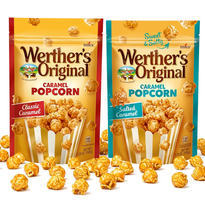 Werthers Caramel Crunch Topping Popcorn Duo Pack – Classic & Salted Caramel Flavours, 2 × 5.29 oz Resealable Popcorn Bags – Gourmet Sweet & Salty Snack Box Gifts for Movie Nights