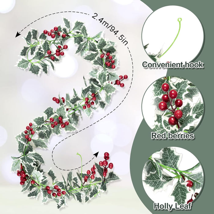 Whaline 2Pcs Christmas Artificial Garlands, 15.7Ft Xmas Berry Holly Leaves Garland Faux Greenery Garlands Winter Snowy Red Berries Hanging Vine for Wedding Party Home Decoration