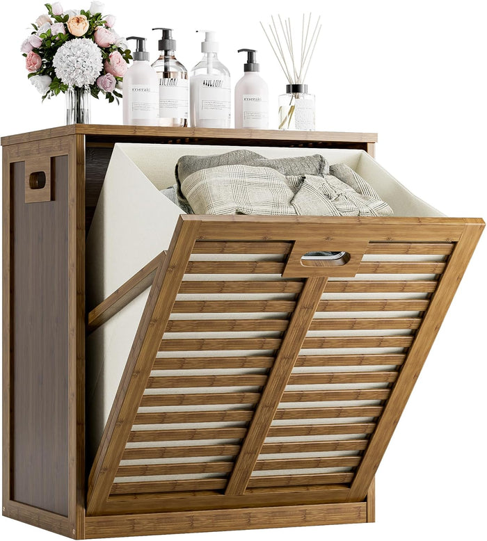 HITNET Tilt Out Laundry Hamper, Bamboo Laundry Cabinet with Hidden Removable Basket, Freestanding Clothes Storage organizer for Bedroom, Bathroom, Living Room, Natural