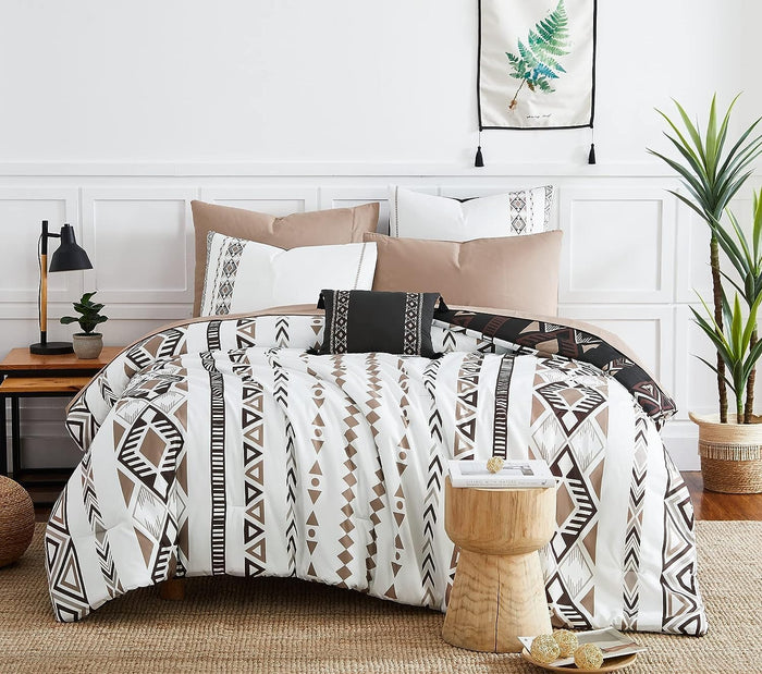 Geniospin Queen Comforter Set - 7 Pieces Reversible Bedding Set, Boho Bed in A Bag, Lightweight Soft Aztec Bedding, All Season Bed Comforter Set with Sheets, Pillowcases & Shams