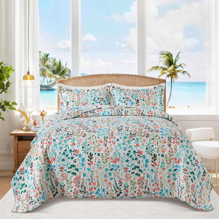 BEDIFANY Cotton King Size Quilt Sets, Lightweight King Quilt Bedding Set (98 x 106 inch) Garden Style Floral Bedspread King Size Coverlet Set for Bed Decorations - All Seasons, 3 Pieces