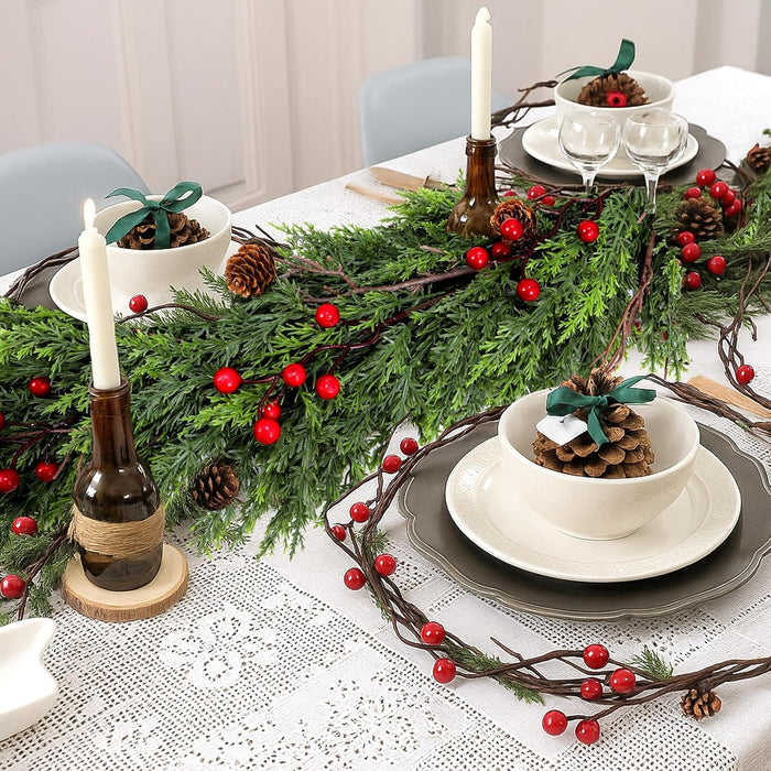 6FT Artificial Cedar Christmas Garland with Red Berries & Pine Cones – Full Faux Winter Greenery for Holiday Mantel, Staircase, Doorway, Indoor Outdoor Christmas Décor
