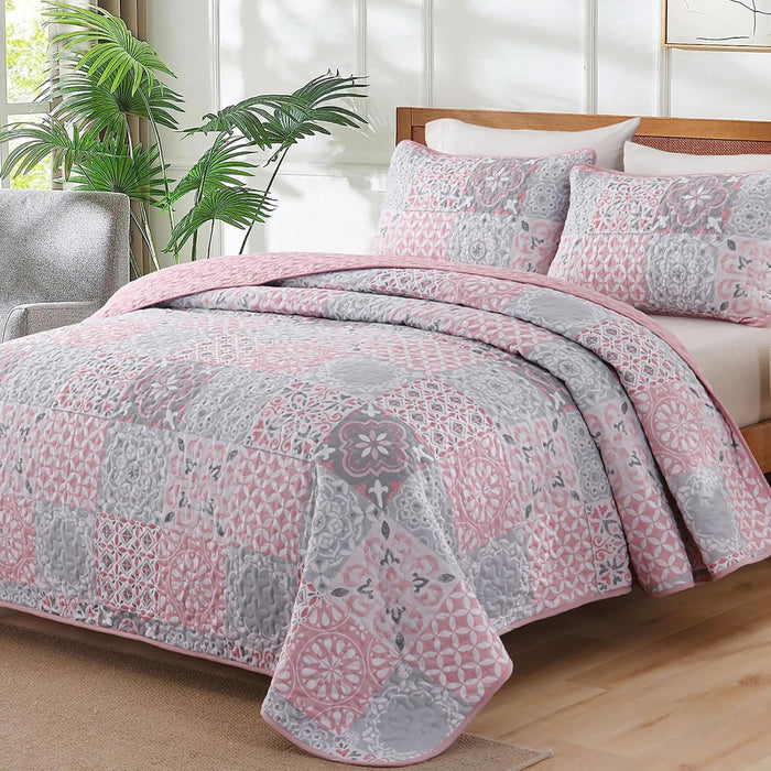 Dobuyly Grey Black Quilt Set Queen Size, Boho Plaid Patchwork Bedspreads Coverlet Set, 3 Pieces Soft Lightweight Microfiber Farmhouse Quilt Bedding Set for All Seasons 96"x90"