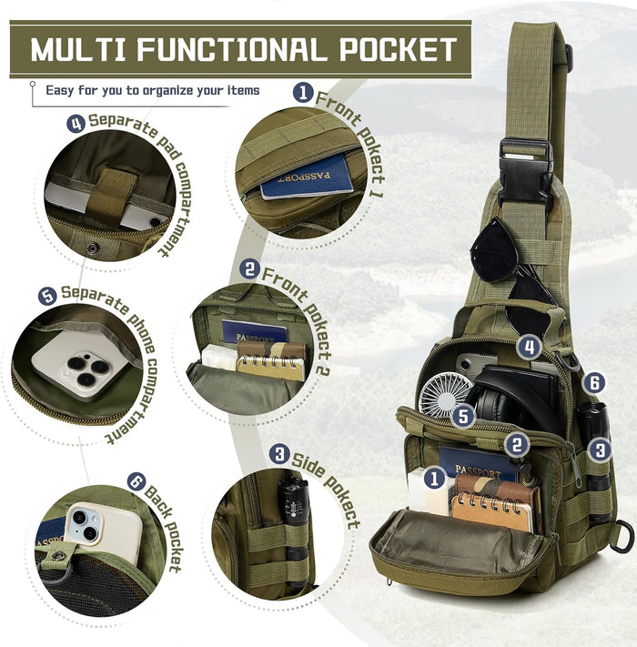 SEAFEW Tactical Backpack for Men, Waterproof Military Sport Bag Pack Crossbody Sling Backpack Tactical Bag for Every Day Carry, Green