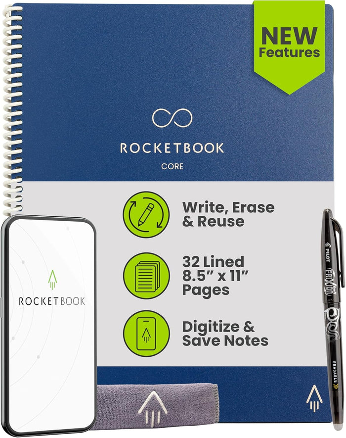 Rocketbook Core Reusable Smart Notebook, Lined Pages For School, Work and Creative Projects, Letter Size 8.5x11, Blue - Premium