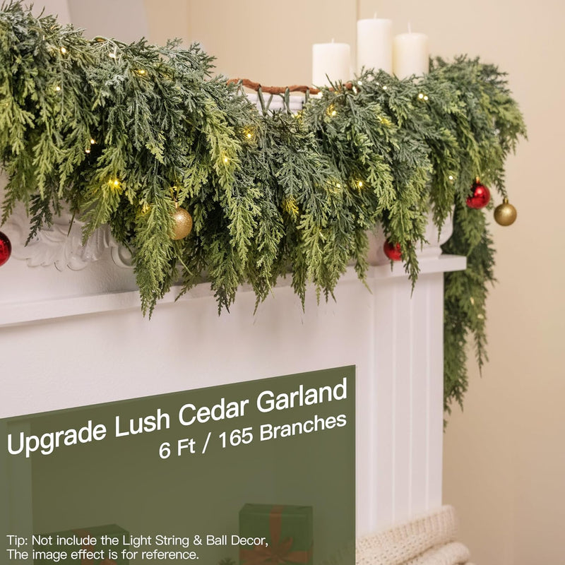 6ft Christmas Cedar Garland Pretty Thickness and Soft, Faux Full Real Touch Cedar Garland for Mantle, Fireplace, Porch, Outdoor & Indoor Holiday Decorations (1 Pcs)