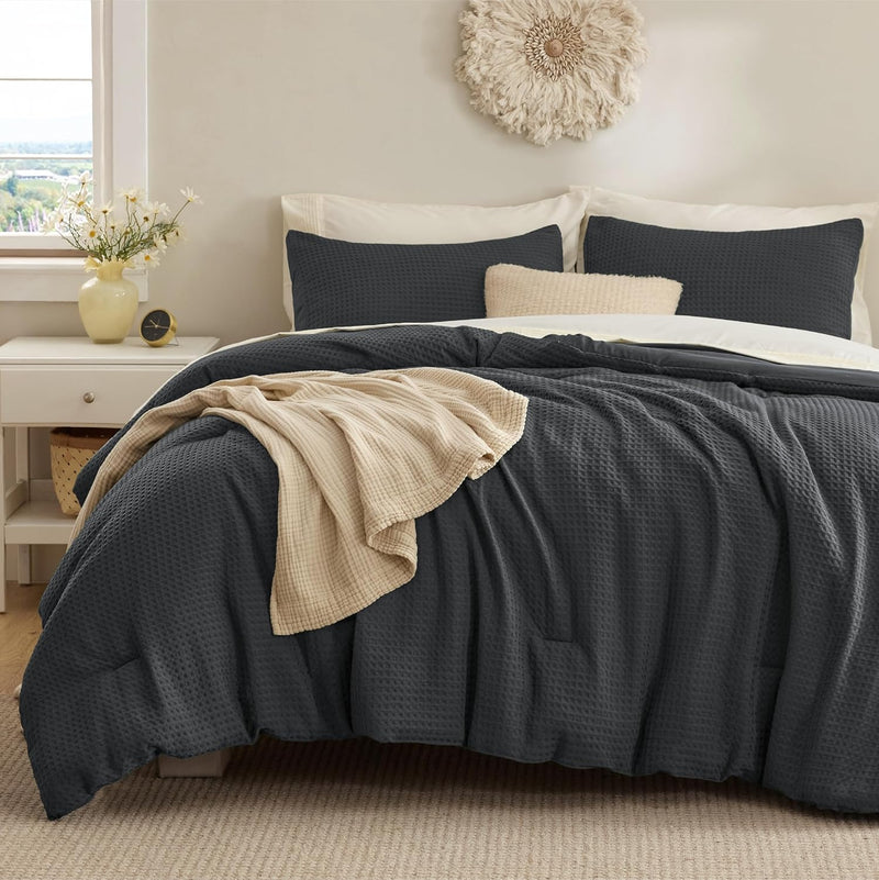 Bedsure Waffle Comforter Set Queen, Soft and Breathable Khaki Bedding Comforter Set, 3 Pieces, 1 Waffle Weave Comforter (90" x 90") and 2 Pillowcases(20" x 26")