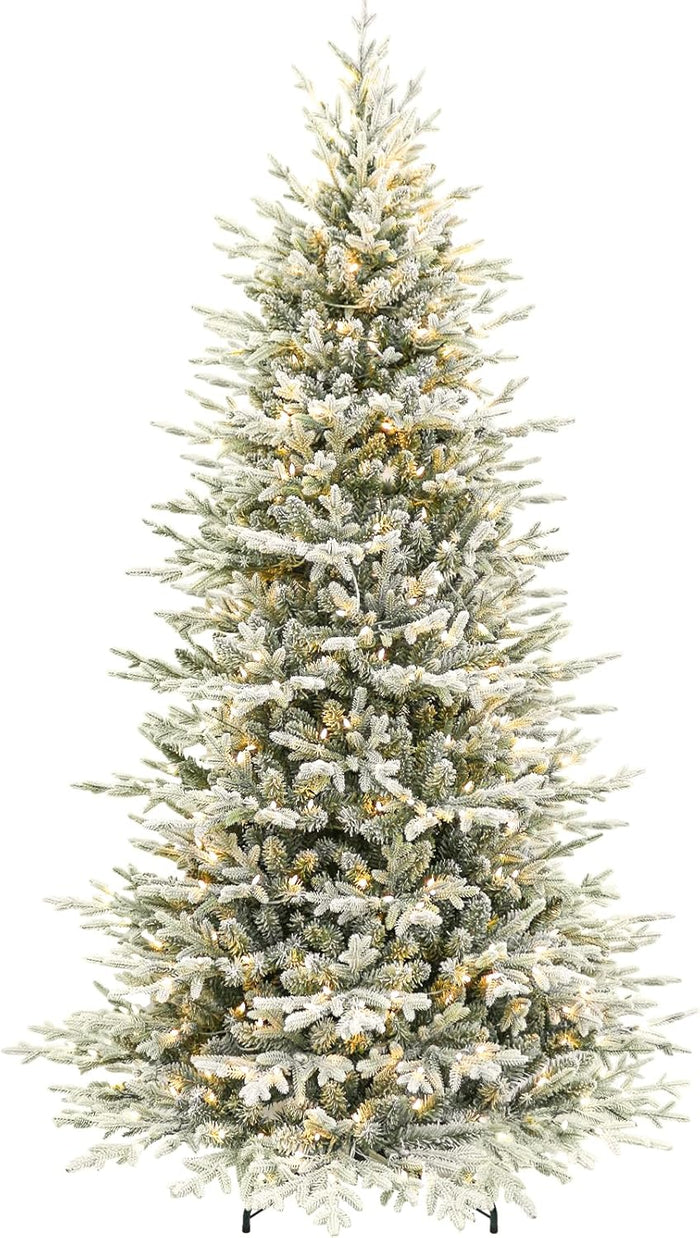 Hykolity 9 ft Prelit Snow Flocked Christmas Tree with 600 Warm White LED Lights, 5149 PE&PVC Branch Tips, Metal Stand and Hinged Branches