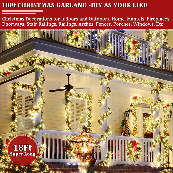 Super Long & Timer 8 Modes - 18 Ft by 10 Inch Prelit Outdoor Christmas Garland for Stair Porch Front Door Mantle, Battery Operated 100 Warm Lights Thick 460 Branch 15 Pinecone 165 Berry Cedar Garland
