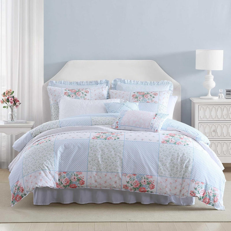 Laura Ashley - King Comforter Set, Soft & Reversible Cotton Bedding, Medium Weight 7 Piece Bed Set with Matching Pillowcases, Euro Shams & Bonus Throw Pillow Covers (Bramble Floral Green)