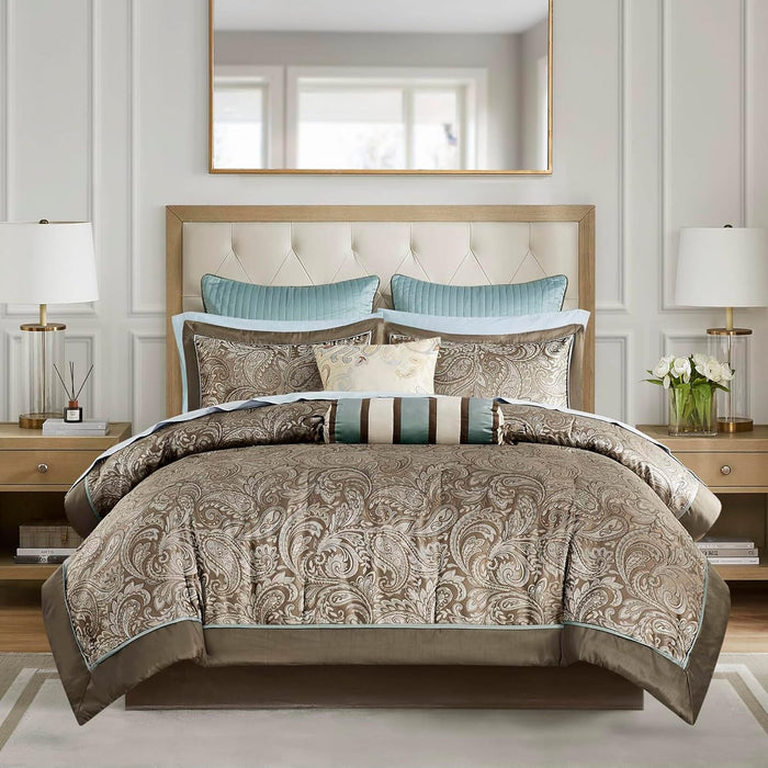 Madison Park Aubrey Cozy Comforter Set, Faux Silk Jacquard Paisley Design - All Season Down Alternative Bedding with Cotton Bed Sheets, Bed Skirt & Toss Pillows, Queen Navy 12 Piece