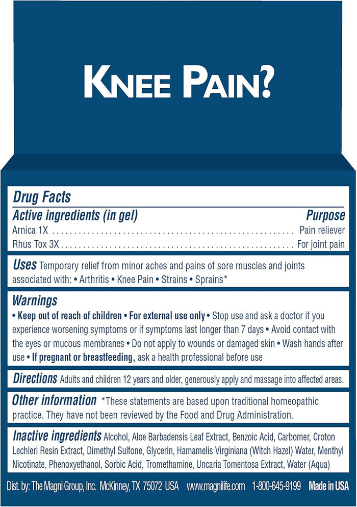 MagniLife Knee Pain Relief Soothing Gel, Reduces Swelling & Inflammation of Sore Muscles, Joint Discomfort, Injuries - All-Natural Arnica - 4oz.