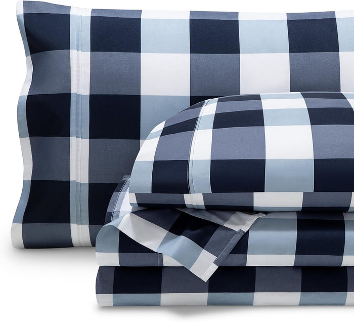 Bare Home Queen Sheet Set - Luxury 1800 Ultra-Soft Microfiber Double Brushed - Deep Pockets - Easy Fit - 4 Piece Set - Bedding Sheets & Pillowcases (Queen, Gingham Blue)