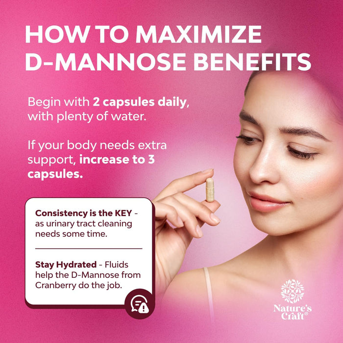 D Mannose with Cranberry Supplement - Potent D Mannose 1000mg Capsules for Kidney Defense Support & Cleanse and Urinary Tract Health for Women & Men - Bladder Health Supplement for Adults - 120 Count