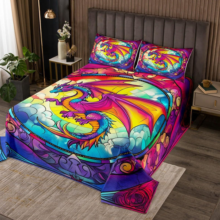 Western Dragon Kids Bedspread King Size,Blue Dragon Reading Book Bookshelf Coverlet Set,Boys Girls Room Decor,Geometric Patchwork Abstract Quilted Coverlet,Trippy Chic Bedding Quilt,2 Pillowcases