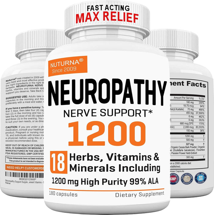Neuropathy Support Nerve Supplement with 600 mg Pure Alpha Lipoic Acid - Maximum Strength Formula, Fortify Nerves in Fingers, Hands, Toes, & Feet - Best Peripheral Relief Support - 120 Capsules