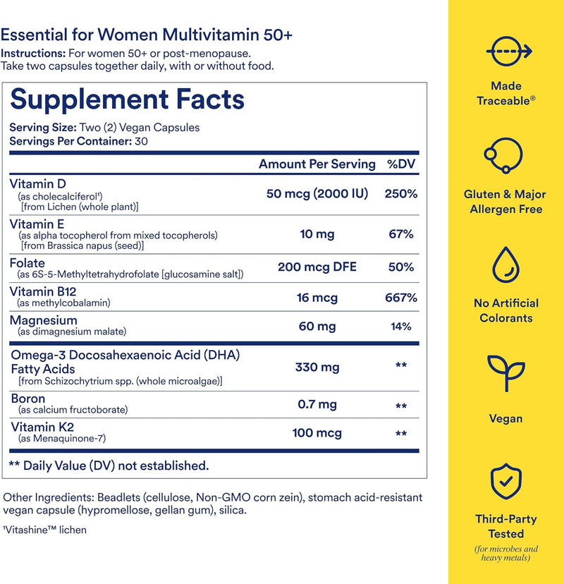 Ritual Multivitamin for Women 50+, Menopause Supplements with Vitamin D3, K2 and Magnesium for Bone Support*, Omega-3 DHA, Vitamin B12, Non-GMO, Mint Essenced, 30 Day Supply, 60 Vegan Capsules