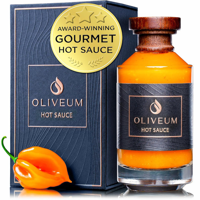 Oliveum Hot Sauce - Gourmet Medium Spice Organic Habanero Peppers. Unique Spicy Salsa Flavor For BBQ, Mexican, Asian, Steak, Chili, Tacos, Buffalo, Wings, Pizza. Experience Fancy Luxury Craft Hand Made Small Batch Best and Hottest Gift Idea For Men in a B