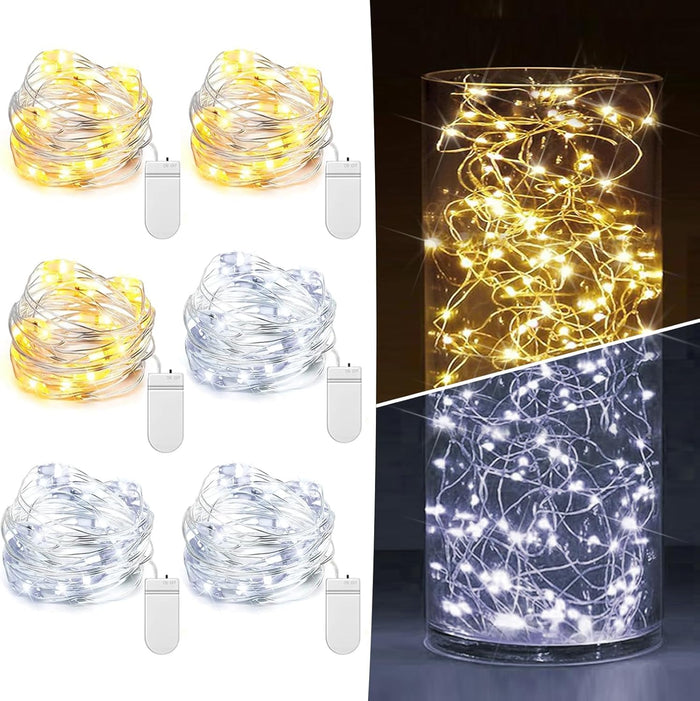 6 Pack Fairy Lights Battery Operated 7ft 20 LED Mini String Lights Twinkle Lights Silver Wire Firefly Starry Lights for Mason Jars Wedding Party Christmas Centerpiece Table Decorations, Warm White