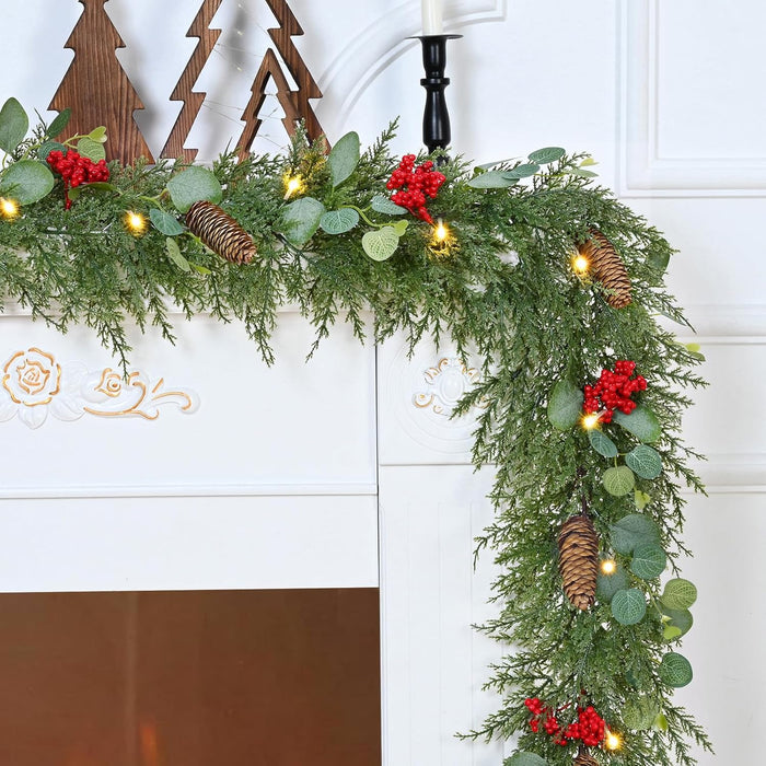 Waipfaru Christmas Decorations, 5.9FT Christmas Garland with Lights, Prelit Lighted Christmas Greenery Cedar Garland Cypress for Home Table Mantel Stair Railing Indoor Outdoor Xmas Decor