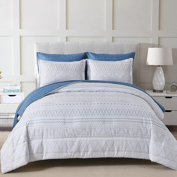 WONGS BEDDING Boho Comforter Set King Size,7 Pieces Grey White Geometric Bohemian Bed in a Bag Comforter Complete Striped Bedding Set for All Season with Sheets,Pillowcases & Shams Soft Microfiber