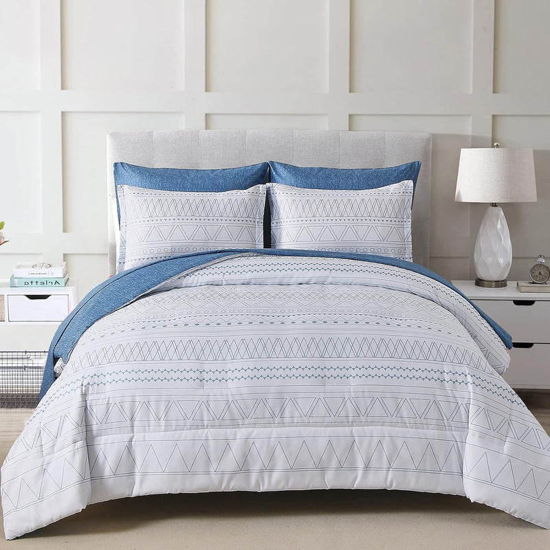 WONGS BEDDING Boho Comforter Set King Size,7 Pieces Grey White Geometric Bohemian Bed in a Bag Comforter Complete Striped Bedding Set for All Season with Sheets,Pillowcases & Shams Soft Microfiber
