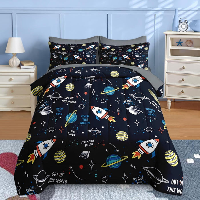 Nesker 7 Pcs Comforter Set Full Size, Computer Games Doodles Bedding for Kids Teen, Gamer Gaming Blackwith Fitted Sheet 2 Pillowcases & 2 Shams for Bedroom Bed Decor