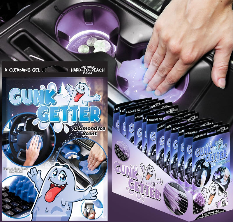 Gunk Getter, Cleaning Gel for Those Hard to Reach Places, Automotive Cup Holder Electronic Keyboard Office, Slime Gel Cleaner Dust Crumb Removal (Resealable Pouch, Blue, 3oz) 12 Pack