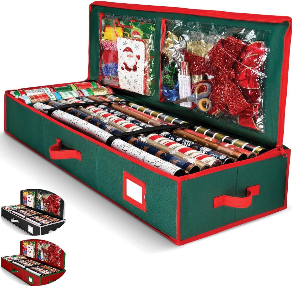 Premium Wrapping Paper Organizer Storage | Gift Wrap Holder With Extra Pockets for Christmas Decorations, Reinforced Handles, Heavy Duty, Ultra-Durable, Tear-Proof Fabric - Fits Up to 27 Rolls (Black)