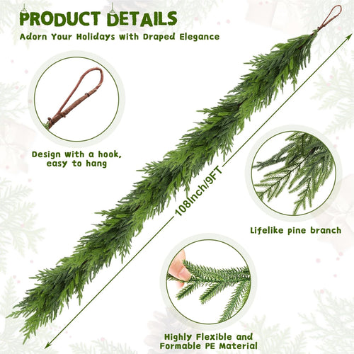 9FT Christmas Norfolk Pine Garland, Realistic Artificial Pine Garland, Real Touch Faux Greenery Christmas Garland for Table, Mantle, Winter Holiday Christmas Decorations Indoor Outdoor
