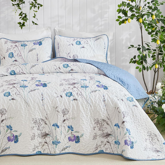 WONGS BEDDING 3 Pieces Quilt Set Queen Size, Purple Floral Botanical Plants Pattern Bedspread Coverlet Set with 2 Pillowcases, Soft Lightweight Microfiber Bedding Set for All Season(96"×90")