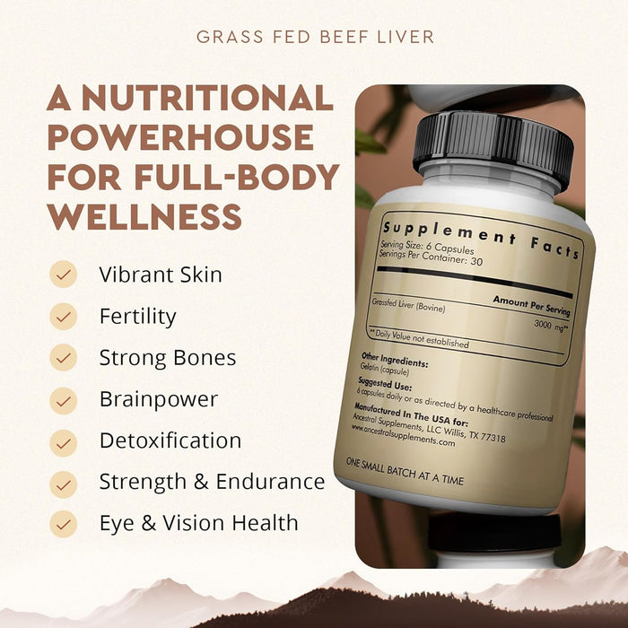 Ancestral Supplements Grass Fed Beef Liver 180 Capsules, Supports Energy Production, Detoxification, Digestion, Immunity and Full Body Wellness, Non-GMO, Freeze Dried Liver Health Supplement