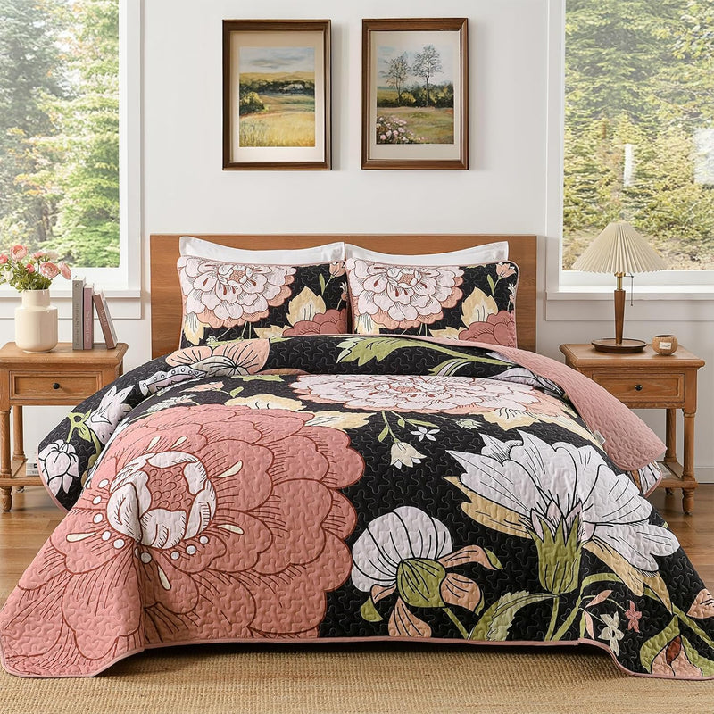 DJY Floral Quilt Set Queen Size Black Boho Bedspread Coverlet Set 3 Pieces, Botanical Quilt Lightweight Microfiber Farmhouse Floral Bohemian Bedding Set with 2 Pillow Shams for All Season (96''x90'')