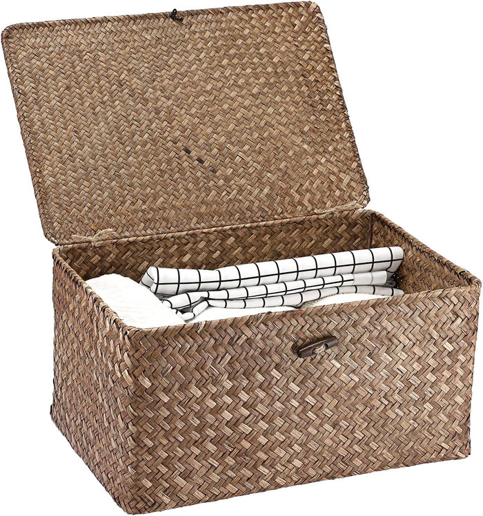 Hipiwe Wicker Shelf Baskets Bin with Lid, Handwoven Seagrass Basket Storage Bins Rectangular Household Basket Boxes for Shelf Wardrobe Home Organizer, Caramel Medium