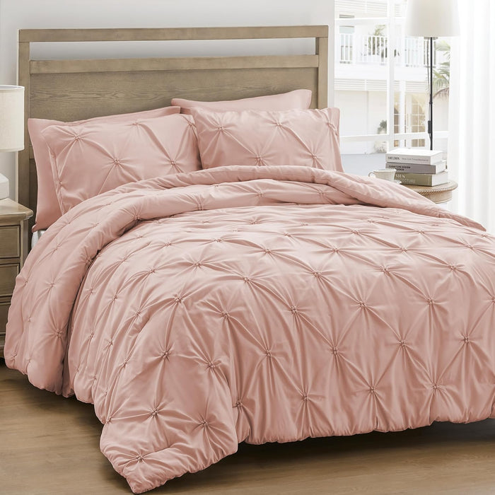 UNIKOME Queen Comforter Set White - Ultra Soft Boho Pintuck Down Alternative Bedding Set for Winter, All Seasons, 3 Pieces Warm Pinch Pleat Solid Bed Set with Comforter, 2 Pillowcases