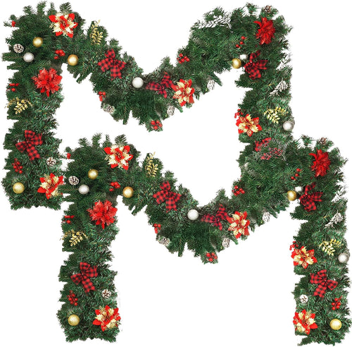 9FT Christmas Garland Decorations, Pre-Lit Christmas Garland with 60 LED Lights, Garlands for Mantle with Pine Cones, Flower, Berries, Bows, Ball, Leaves, Indoor & Outdoor Christmas Decor