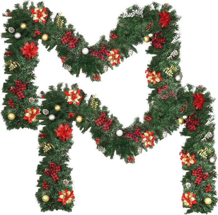 9FT Christmas Garland Decorations, Pre-Lit Christmas Garland with 60 LED Lights, Garlands for Mantle with Pine Cones, Flower, Berries, Bows, Ball, Leaves, Indoor & Outdoor Christmas Decor