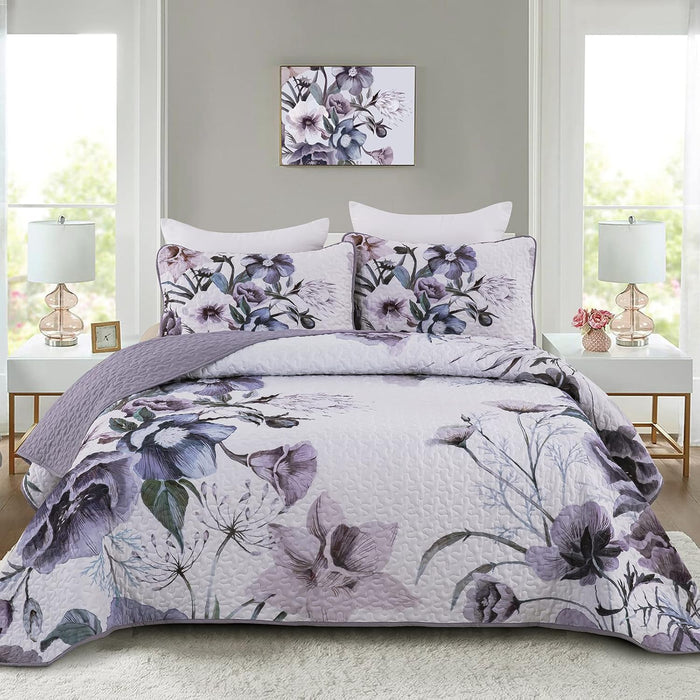 Floral Quilt Set King 3 Pieces Grey Floral Quilt Coverlet Set Soft Microfiber Lightweight White Quilted Bedspread for All Season 104"x90"