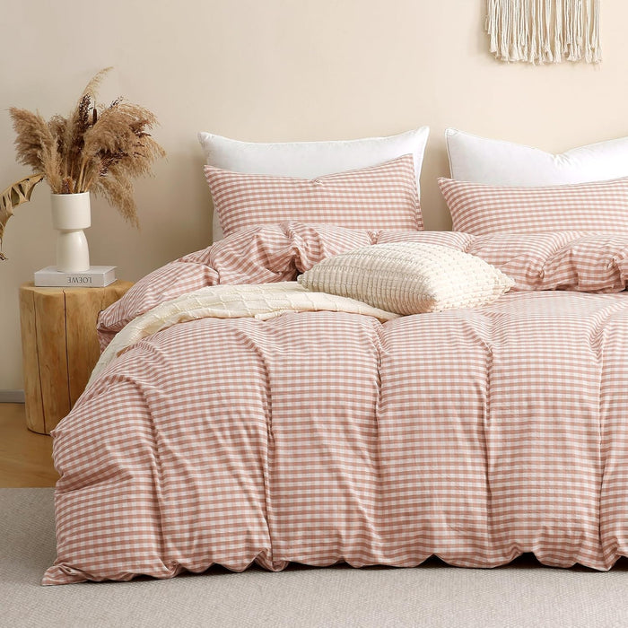 TOCOMOA Tan Gingham Duvet Cover Bedding Set 100% Washed Cotton Like Linen Feel Super Soft Comfy 3 Piece Brown Vintage Plaid Checkered Fall Comforter Cover Set (Queen 90"x90", Comforter Not Included)