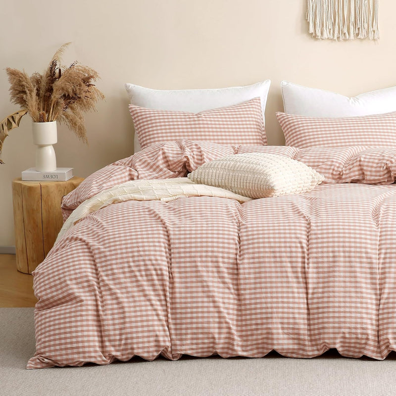 TOCOMOA Tan Gingham Duvet Cover Bedding Set 100% Washed Cotton Like Linen Feel Super Soft Comfy 3 Piece Brown Vintage Plaid Checkered Fall Comforter Cover Set (Queen 90"x90", Comforter Not Included)