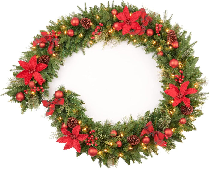 9Ft Pre-Lit Christmas Garland, Plug in, Green, 50 Clear Lights, Fireplace Stairs Mantle Door Indoor Outdoor, Decorated with Pine Cones