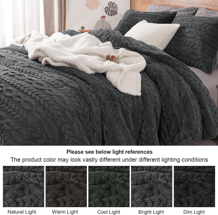 PHF Fluffy Sherpa Fleece Twin Comforter Set, 2 Pieces Warm Fuzzy Soft Bedding for Winter, 3D Tufted Flannel Plush Shaggy Bed Set, 1 Comforter (68"x90") and 1 Pillowcase (20"x26"), Dark Grey